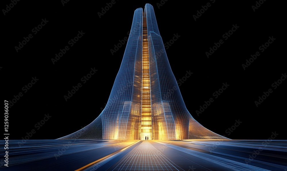 Poster detailed wireframe architectural design of a futuristic skyscraper, illuminated by soft gradients of