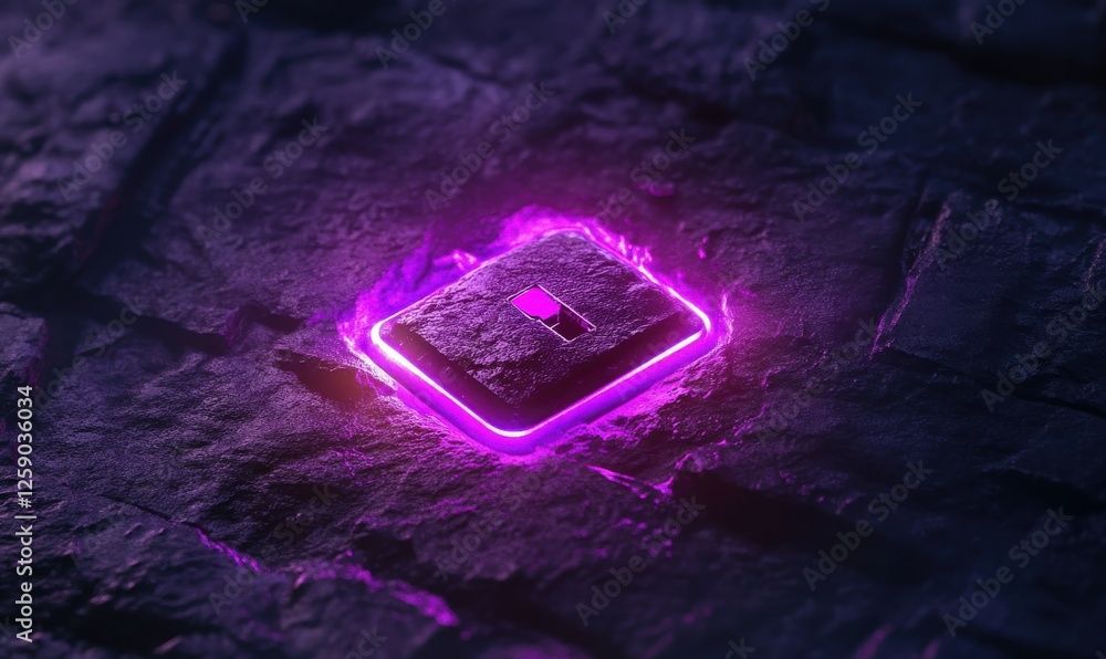 Poster digital lock icon glowing in deep purple tones on a sleek textured surface, representing advanced cy