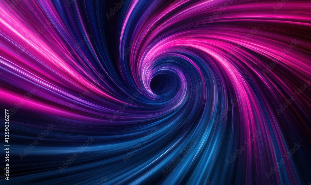 Poster dynamic light trails of vivid magenta and cyan creating a circular vortex, set against a minimalist,