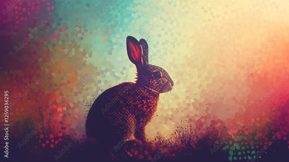 Poster abstract digital illustration of a rabbit silhouette filled with vibrant mosaic textures. a fusion o