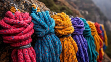 Colorful Climbing Ropes Hanging on a Rock Face