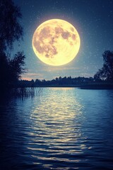 Bright full moon illuminates calm lake at night with reflections on the water surface and starry sky above