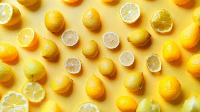 A clean background of sliced lemons and whole lemons scattered on a bright yellow surface, creating a fresh and zesty vibe.