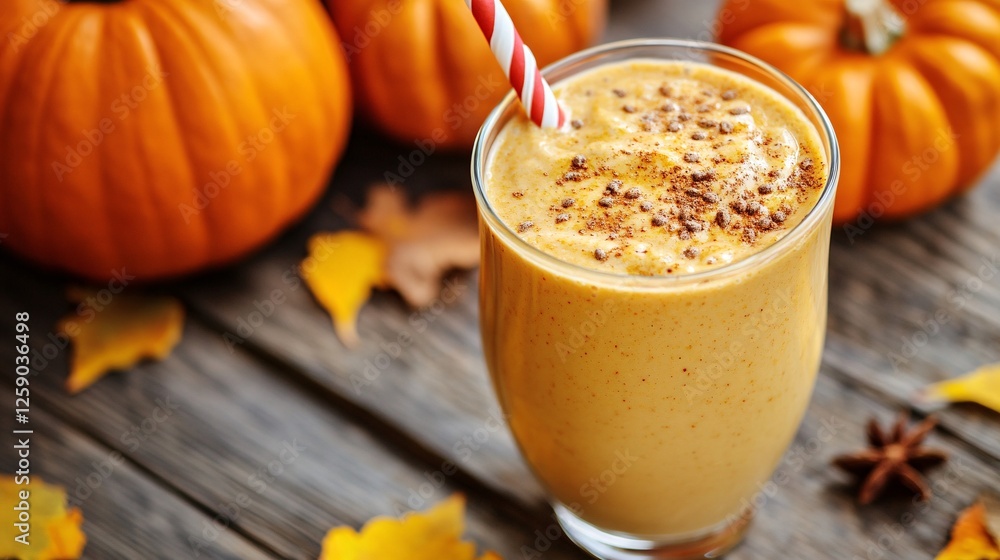 Poster pumpkin smoothie surrounded by fall decorations on rustic table