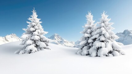 Snowy mountain peaks, two snow-covered fir trees, winter landscape, postcard