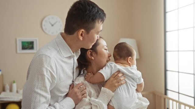 Family in bedroom with mother holding baby while father embraces them, showcasing love and warmth in a cozy home setting with a view of a cradle in the background.