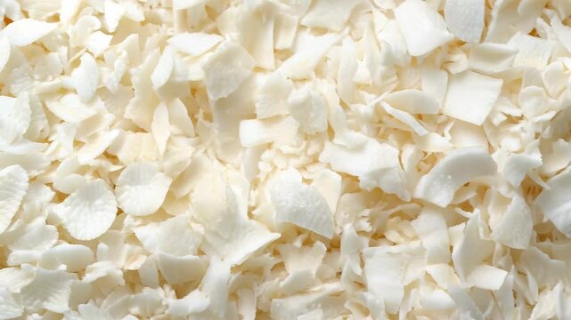 A surface densely covered with coconut shavings, filling every inch of the frame with their white, flaky texture and soft, tropical tones.