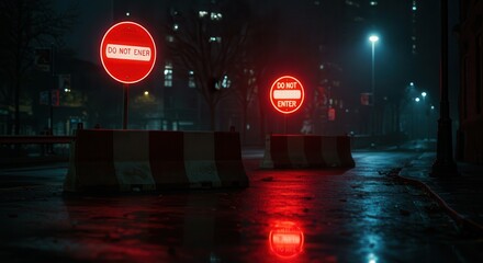 Do Not Enter Signs Glowing Red on Wet Urban Street at Night
