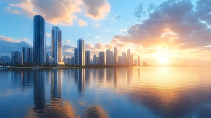 Obraz premium City skyline sunrise waterfront reflection; tourism, travel