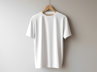 Mockup de camiseta blanca en percha de madera para diseño de estampado