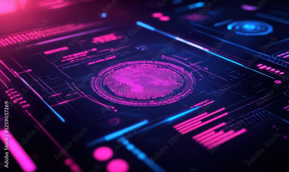 Poster futuristic neon interface displaying complex biometric data in vibrant pink and purple hues, sharp d
