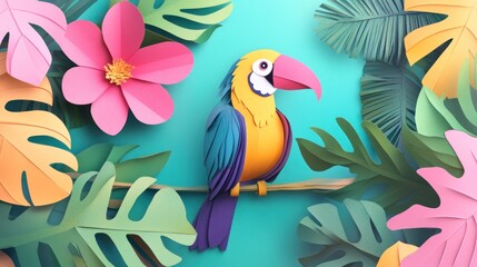 Obraz premium Colorful paper toucan perched on branch amidst tropical paper flowers and leaves on teal background.