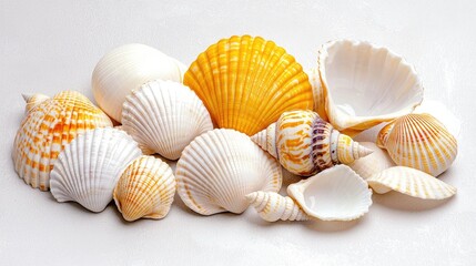 Assorted seashells on a light surface. Ideal for nature, travel, or coastal theme