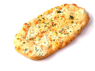 Flat sour dough bread with four cheeses on white background. Tasty food. Italian style dish with high quality ingredients, Bakery product.