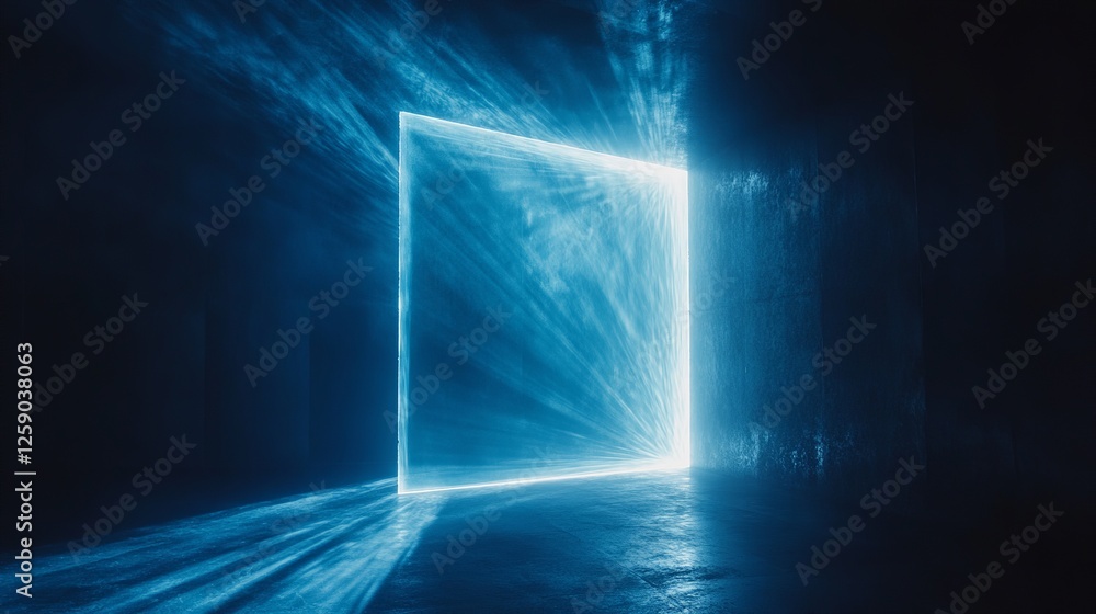 Poster an abstract image of a glowing blue rectangle with light rays emanating from its perimeter against a