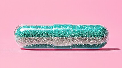 Teal and white capsule on pink background; healthcare, medicine