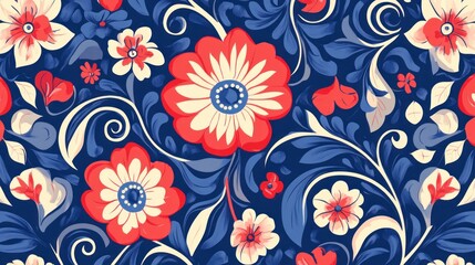 Seamless floral pattern with red and white flowers on a dark blue background.
