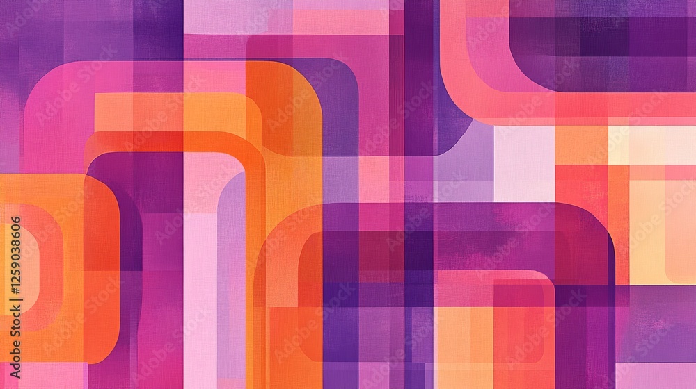 Poster Abstract geometric background featuring overlapping purple, orange, and pink rectangular shapes with rounded corners in a layered pattern