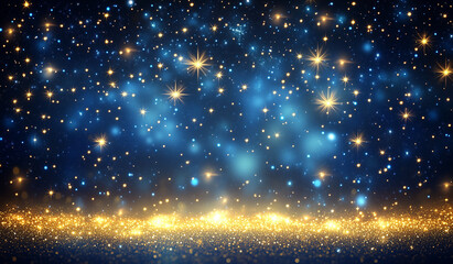 Abstract night sky background with stars and bokeh lights.