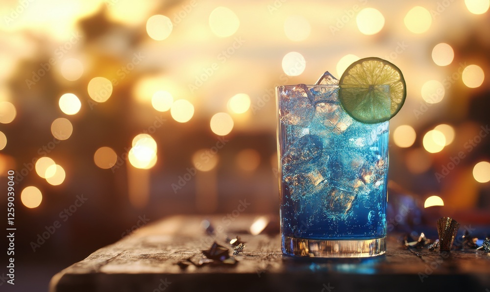 Poster refreshing blue cocktail served with a lime slice, styled on a rustic table with blurred bokeh light