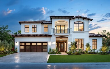 Luxury Mediterranean home, twilight, landscaped yard, real estate listing
