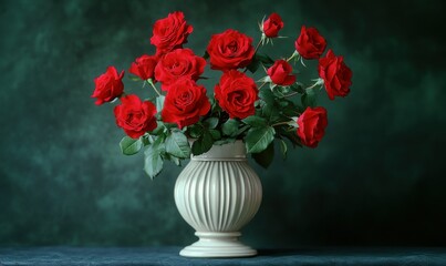 Obraz premium Red roses arranged elegantly in a vintage vase on a dark green background, styled to evoke a timeless and romantic feel