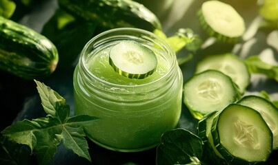 Refreshing cucumber gel in a glass jar, surrounded by fresh cucumbers and vibrant green leaves, exuding natural skincare luxury