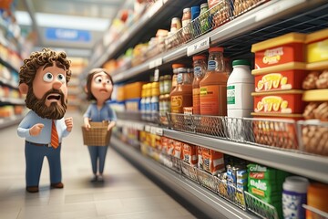 3D illustration of two animated characters shopping in a supermarket, looking surprised while browsing a grocery aisle filled with products.

