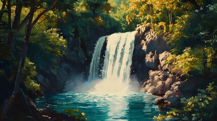 Serene Waterfall in Lush Green Forest - Tranquil Nature Scene