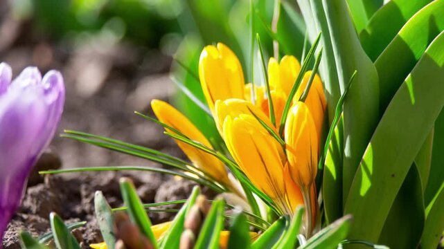 Yellow crocuses blooming in a garden in spring with a purple crocus in the background