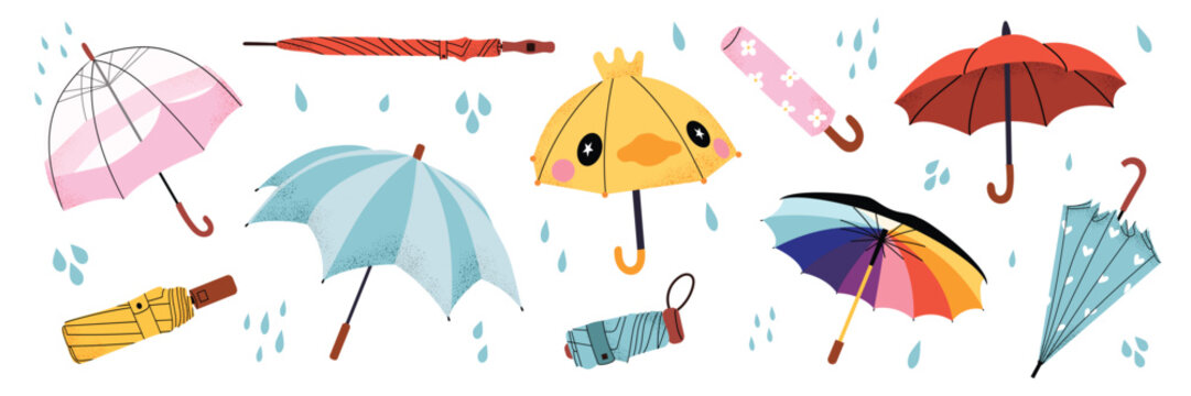 Set of umbrellas with raindrops in various styles: transparent, folded, classic, duck-shaped, and rainbow. Cute rain accessories for autumn and spring. Weather protection. Flat vector illustration.
