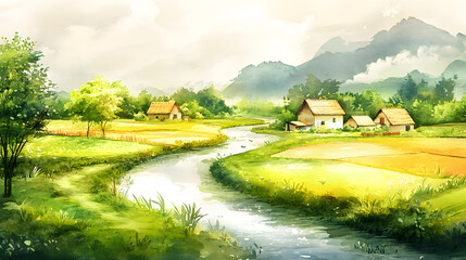 Serene Watercolor Landscape Houses by the River in a Tranquil Asian Village