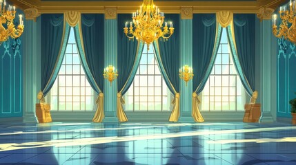 Grand ballroom with teal curtains, gold accents, and large windows.