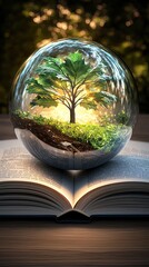 School Programs Teaching Sustainability illustrated as A tree encapsulated in glass on an open book., Education Environmental Awareness