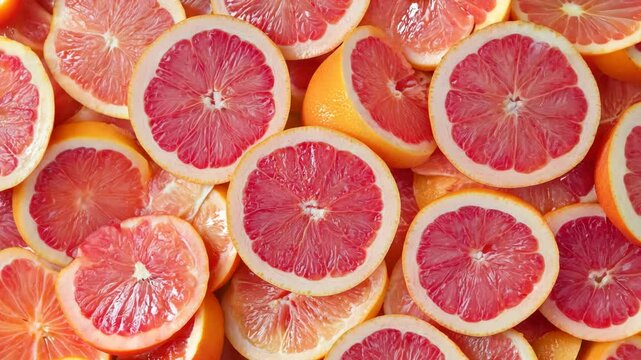 A vibrant field of grapefruit halves and slices, tightly packed to fill every inch with bright pink and orange hues.