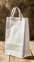 A blank white paper shopping bag sits on wood