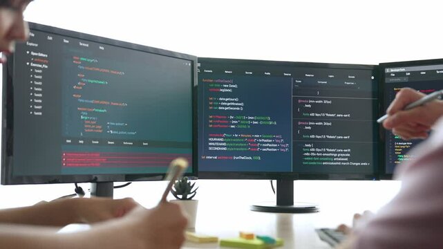 Slow motion back end software developer engineer for computer programming working together on debugging writing computing code, solving complex algorithms display on monitor in office. Burgeoning
