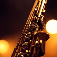Obraz premium A highly detailed image of a saxophone with a warm golden glow and light bokeh effects Bokeh light lights background bokeh abstract light bright effect shiny