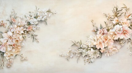 Peach and white floral arrangement on beige background.