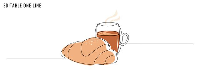 One continuous line drawing of coffee, tea cup with croissant. Coffee break concept. Editable stroke, vector illustration