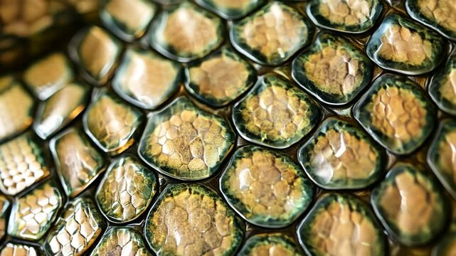 Close-up of snake skin texture, displaying the smooth, scaly pattern with green and brown hues, covering the entire screen with reptilian detail.