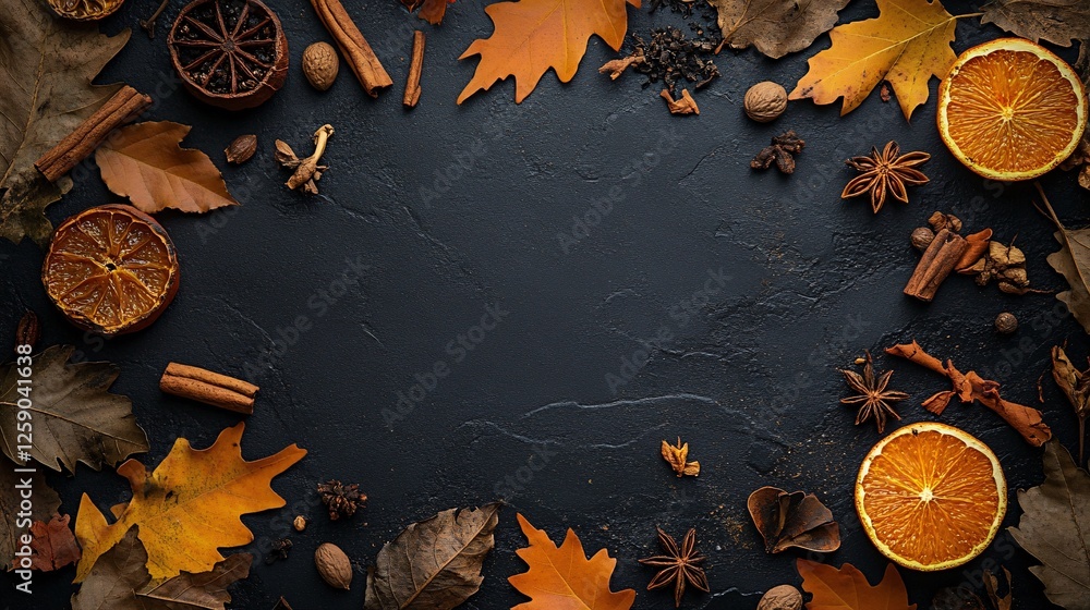 Poster Autumn leaves and spices creating a frame on a dark background