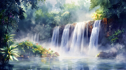 Serene Waterfall in Lush Tropical Paradise A Watercolor Painting
