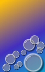 A cluster of iridescent soap bubbles float against a gradient blue and yellow background