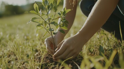 Photorealistic image of a volunteer planting a young tree in a field, focusing on reforestation efforts and nature preservation

