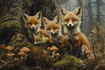 Dense forest with moss covered trees mushrooms sprouting and a family of foxes resting nearby