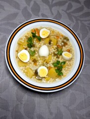 barley stew, vegetable soup with quail eggs
