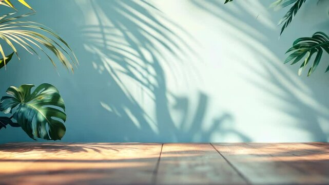 Wood table with a pale blue wall background, sunlight streaming through the window creating shadows of palm leaves on the wall, with blurred monstera plants in the foreground.