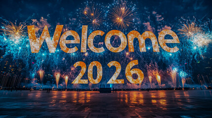 A vibrant city street at night with neon lights, fireworks, and a large "Welcome 2026" sign, creating a festive atmosphere.