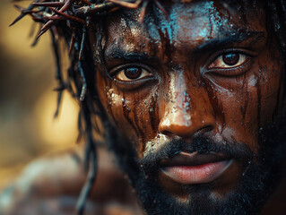 A powerful close-up of a man with a crown of thorns, embodying the suffering and sacrifice of Jesus. The water dripping from his face symbolizes the pain and emotional depth of the Easter story.